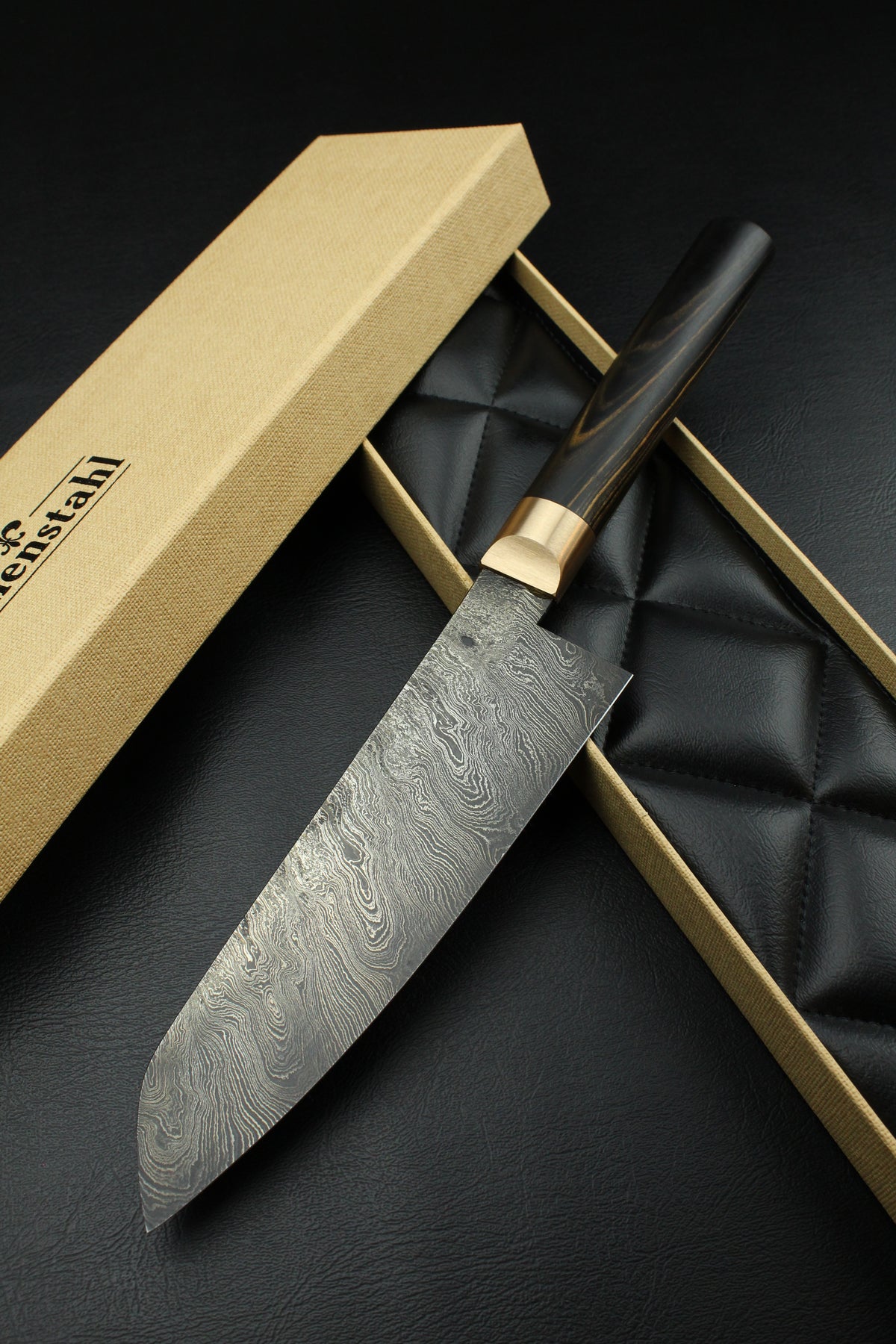 Damast-Santoku Torsion, schwarzes Ebenholz, ovaler Griff