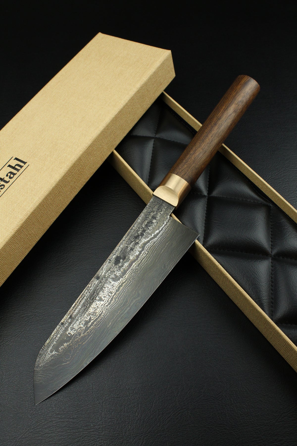 Damast-Santoku 320L, deutsche Walnuss