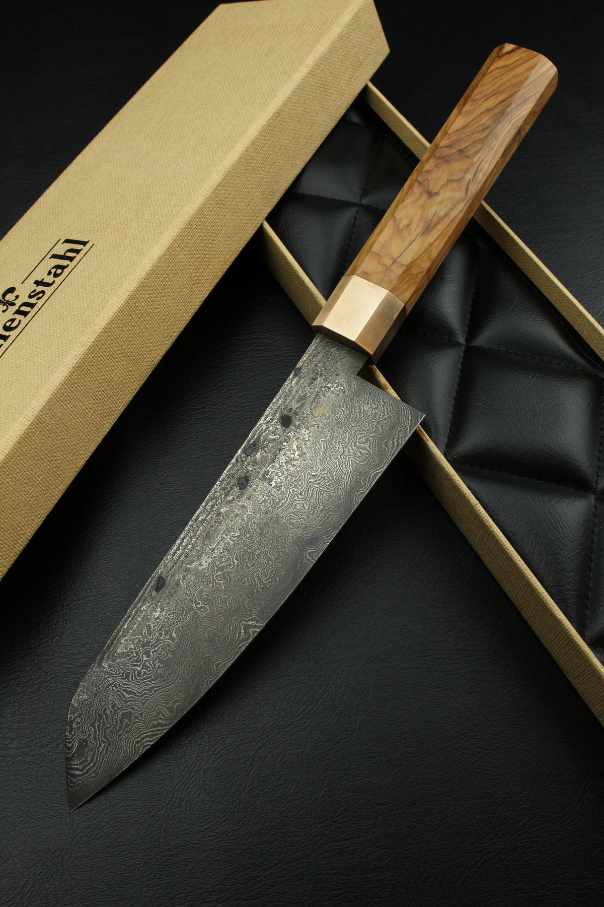 Damast-Santoku 320L Olive Achteck