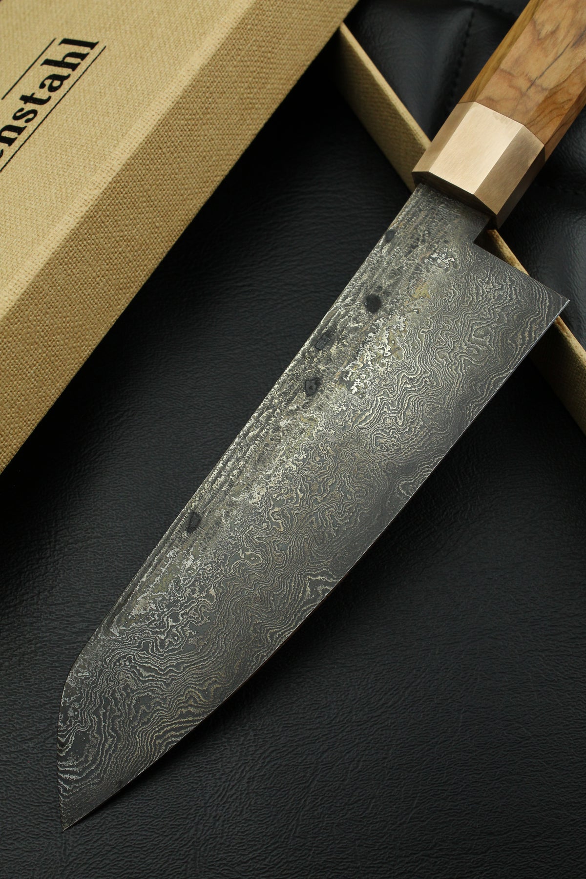 Damast-Santoku 320L Olive Achteck